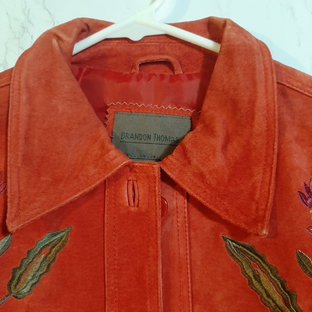 Brandon Thomas Cottagecore Red Orange Suede Novelty Floral Leather Jacket Small - Picture 11 of 13